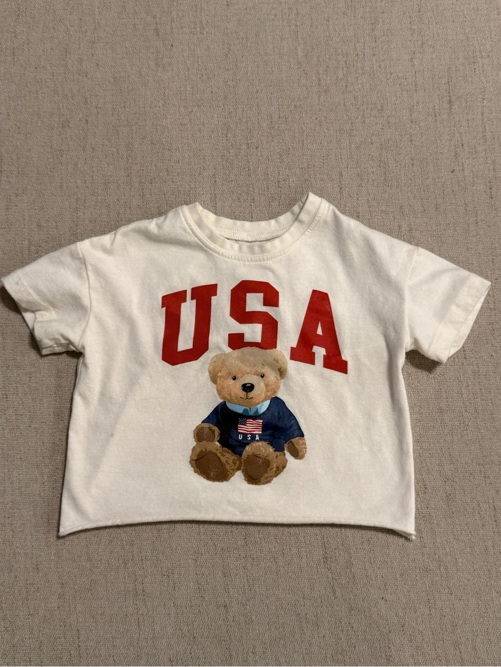White Tee with Red USA Lettering and Brown Teddy